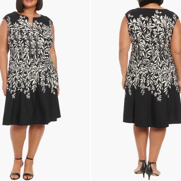 London Times Elegant Black White Floral Fit &Flare Dress Women's Plus size - Picture 1 of 7